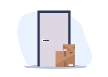 Karantina sırasında kapıya kontak kurmadan bırakılmış. Teslimat kutusuyla birlikte eve giriş. Coronavirüs salgınını önleme önlemleri. Vektör İllüstrasyonu.