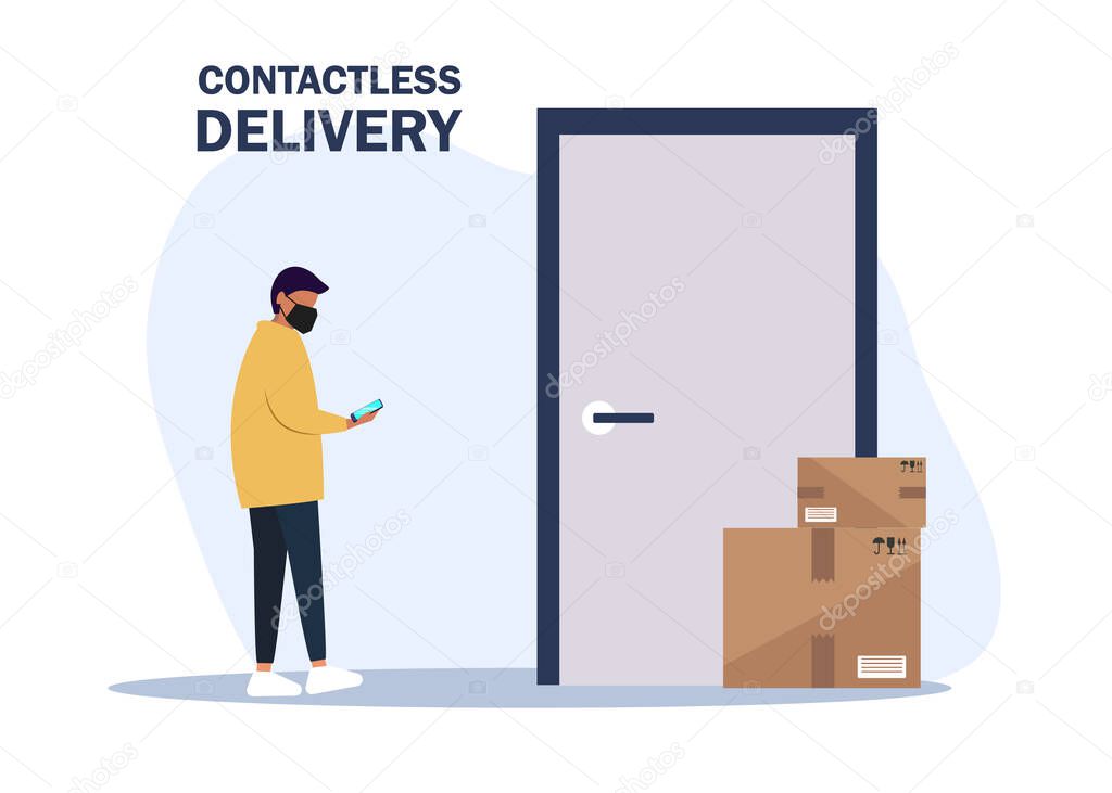 Vector illustration No contact delivery. Deliver man brings the boxes and puts them near the apartment door. Non-contact express delivery service. Self isolation and quarantine lifestyle.
