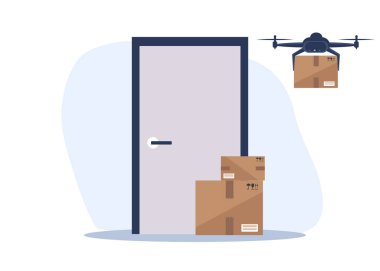 Drone kutuları teslim eder. Temas olmayan teslimat konsepti. Kutuları olan uzaktan kumandalı hava aracı. Temassız ekspres teslimat servisi. Kendini soyutlama yaşam tarzı. Karantina sırasında temas kurulamadı.