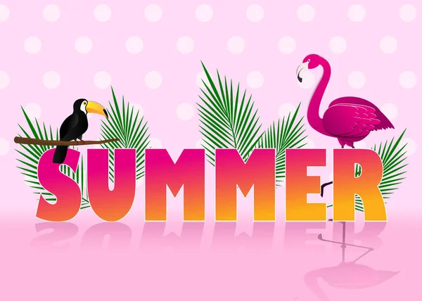 Summer Banner Modern Design Flamingo Toucan Tropical Leaves Background — Stock Vector