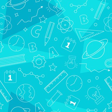 Okul eşyalarıyla çizgi film tarzında kusursuz bir model. Küre, kitap, cetvel, kalem, düğme ve diğer nesnelerle desen. Okula dönelim. Kavramsal arkaplan.