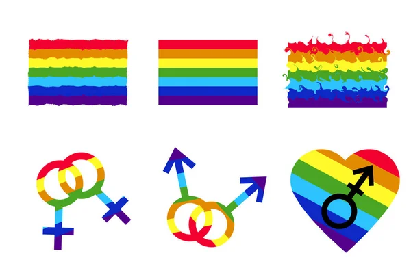 Arco Iris Conjunto Bandera Símbolos Orgullo Gay Lesbiana Lgbt Estrella — Vector de stock