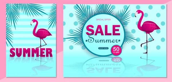 Sommerschlussverkauf Setzt Banner Modernes Design Mit Flamingo Und Tropischen Blättern — Stockvektor