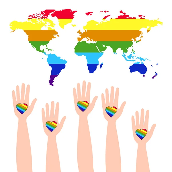 Wsparcie Lgbt Walka Prawa Gejów Lesbijek Pomaganie Dłoniom Sercom Tęczowe — Wektor stockowy