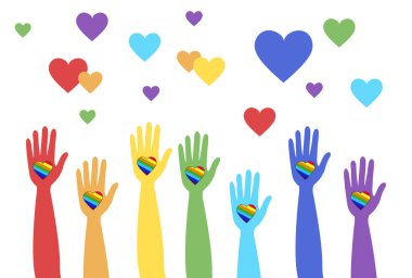 Lgbt desteği, gey ve lezbiyen hakları için mücadele, yardım eli ve kalbi, gökkuşağı renkleri. Modern düz vektör illüstrasyon stil tasarım ögesi.