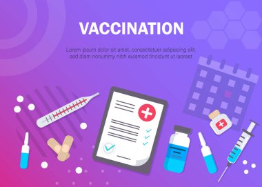 Aşı konsepti çizimi. İlaç ve ekipmanlı tıbbi belge.