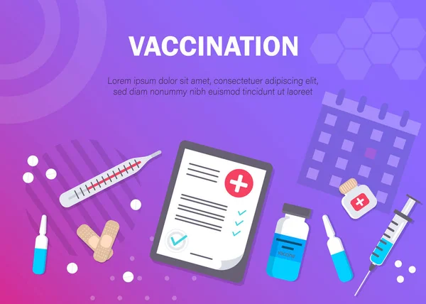 Ilustración Del Concepto Vacunal Documento Médico Con Medicamentos Equipos — Vector de stock