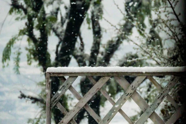 Neige Sur Une Clôture Pendant Les Chutes Neige — Photo