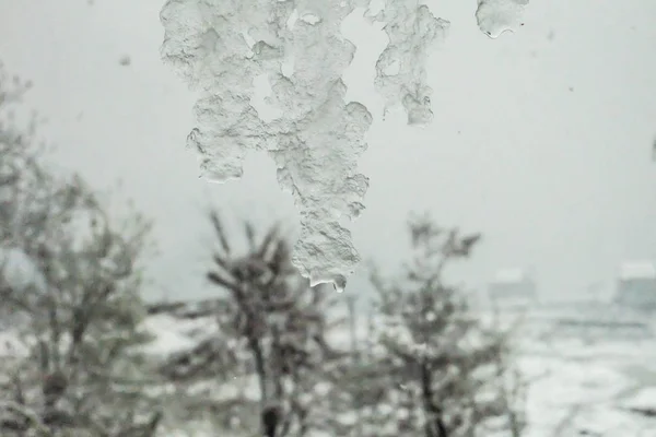 Eau Gelée Toit Pendant Une Froide Matinée Hiver — Photo