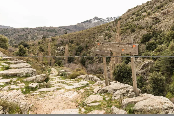Wooden signpost giving directions on a hiking trail in Corsica — Stock Photo, Image