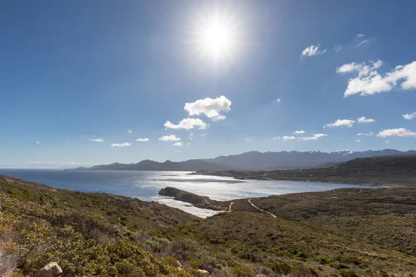 Vista de la ciudadela de Calvi y las montañas desde Revellata en Córcega — Foto de Stock