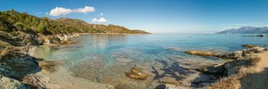 Panoramik çöl des Agriates Corsica'deki / daki sahil şeridi
