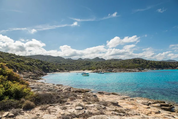 Boats in a small cove with sandy beach in Corsica — Stock Photo, Image