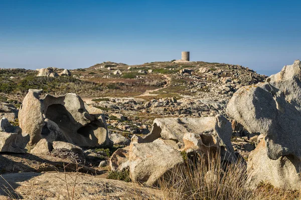 Formations rocheuses et tour génoise à Punta Spano en Corse — Photo