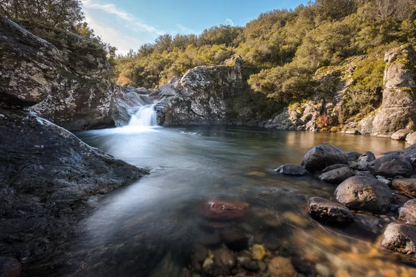 Fluxo de montanha que flui para a piscina natural na Córsega — Fotografia de Stock