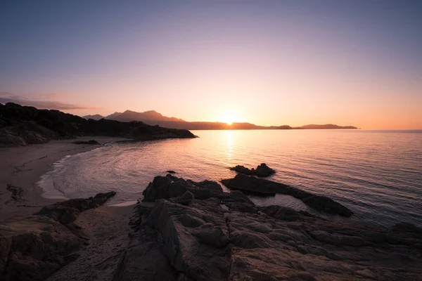 Sun Setting Golden Sand Plage Sainte Restitude Beach Balagne Region — Stock Photo, Image