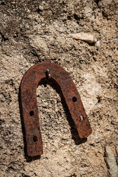 Ancient Rusty Horsehoe Hanging Stone Wall Corsica — Stock Photo, Image