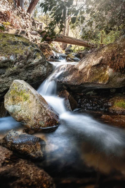 Klar Fjällbäck Som Rinner Mellan Stora Stenblock Skog Korsika — Stockfoto