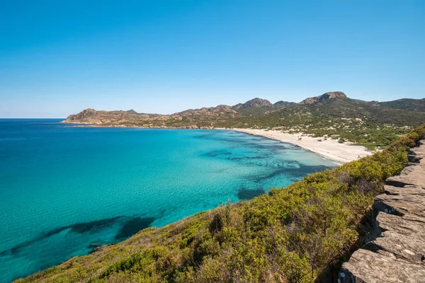 Genomskinliga Turkosa Medelhavet Som Ligger Nästan Öde Strand Balagne Korsika — Stockfoto