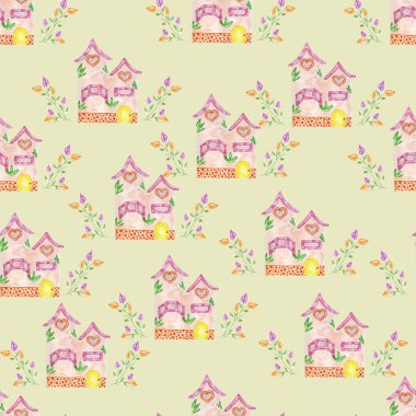 Peri masalı evi ve laleleri olan kusursuz bir desen. Suluboya bahar evi ve çiçekler