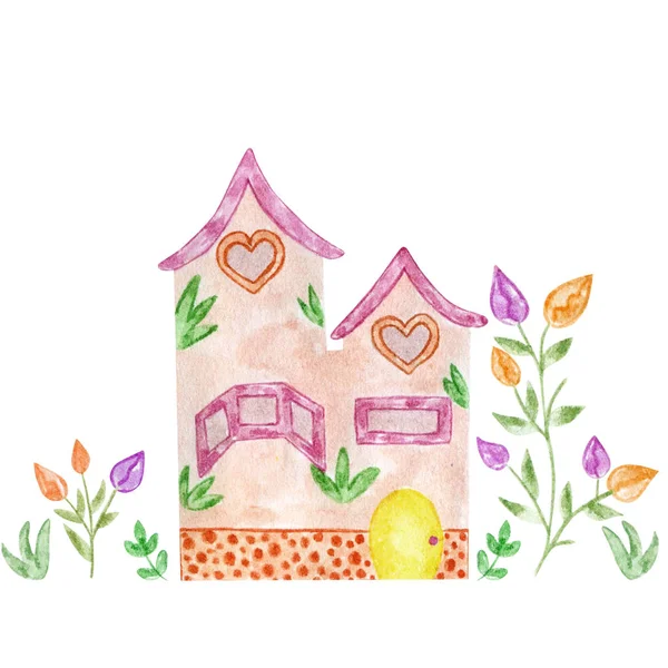 Set Spring House Consists Watercolor Home Tulips Grass Hildren Cartoon — Stock Photo, Image