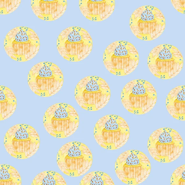 Seamless Pattern Sweets Cupcakes Watercolor Cupcake Circle Leaves — 스톡 사진