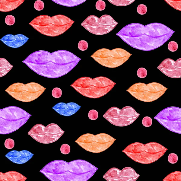 Seamless pattern of colored lips. Hand-drawn watercolor lips on the black background for textile and many  other