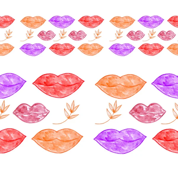 Nahtlose Grenzen Bänder Lippen Orangefarbene Blätter Gouachemalerei Design Für Bücher — Stockfoto