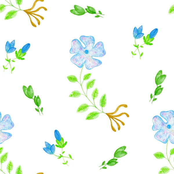 Periwinkle Für Ihr Design Aquarell Blaue Blüten Mit Grünem Blatt — Stockfoto