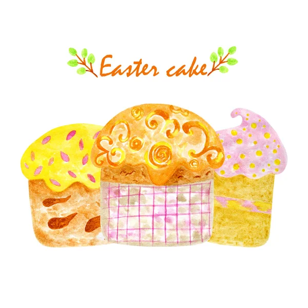 Húsvét Kompozíció Akvarell Három Húsvéti Torta Felirattal Gallyakkal Kártya Sok — Stock Fotó
