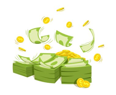 Bir sürü para, bir sürü bozuk para, banknotlar uçup gidiyor. Finans konusunda vektör illüstrasyonu.