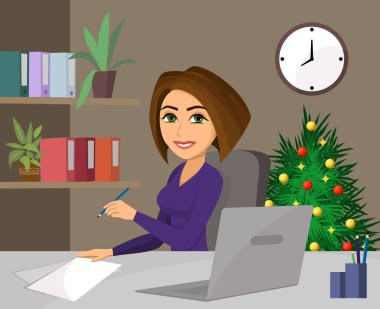 İş kadını, masasında oturuyor, gülümsüyor ve belgeleri imzalıyor. Ofiste yeni yıl, iş kadınının arkasından Noel ağacı. Kavramsal iş illüstrasyonu.
