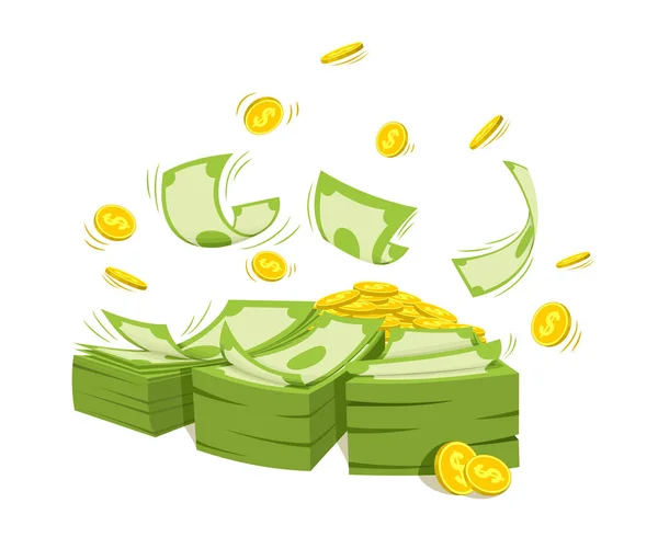 Bir sürü para, bir sürü bozuk para, banknotlar uçup gidiyor. Finans konusunda vektör illüstrasyonu.