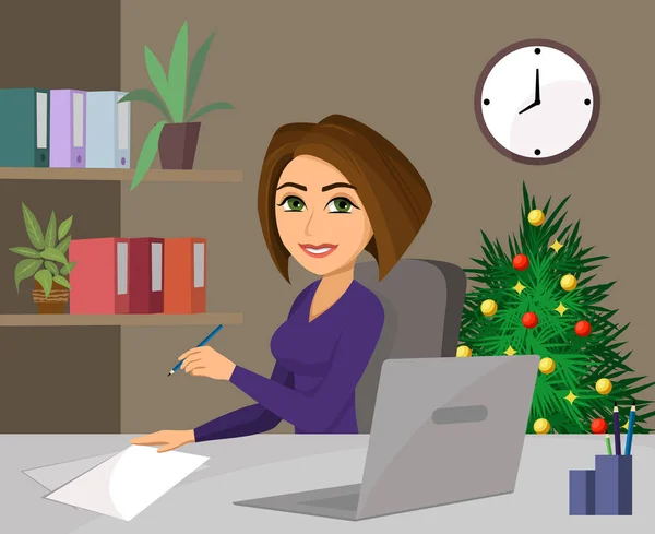 İş kadını, masasında oturuyor, gülümsüyor ve belgeleri imzalıyor. Ofiste yeni yıl, iş kadınının arkasından Noel ağacı. Kavramsal iş illüstrasyonu.