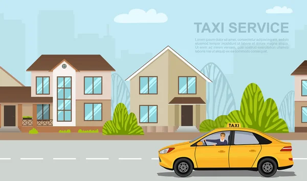 Düz tasarım yüksek kaliteli şehir taşıma hizmeti. Taksi reklamı. Kavramsal çizim. Taksi, eve doğru yanaşıyor. Taksi şoförü arabada oturmuş yolcuyu bekliyor..