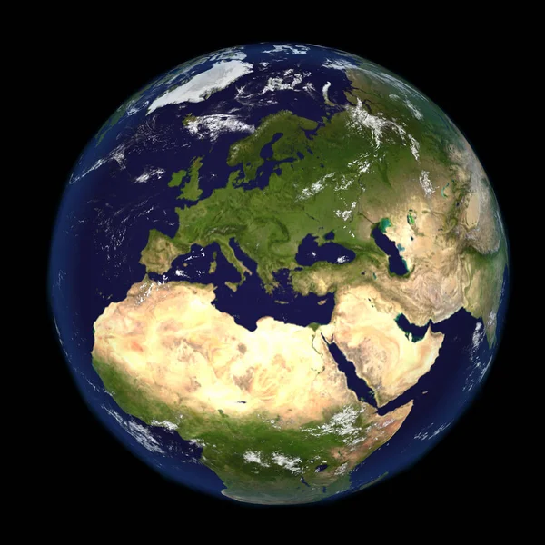 The Earth from space showing Europe and Africa 3d render illustration. Other orientations available. — Stock Photo, Image