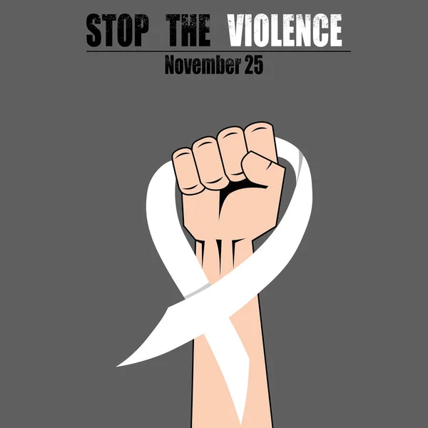 Luta mão punho contra parar a violência mulher, fita branca, vetor símbolo de consciência — Vetor de Stock