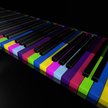 Gökkuşağı piyano tuşları müzik aygıtının ön görünümü 3d rendrer illüstrasyon kapatmak