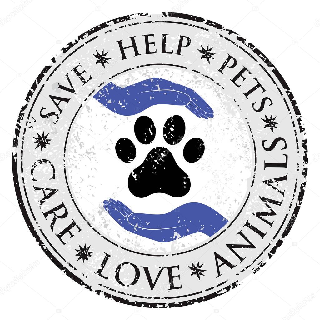 Dog paw hand love sign icon. Pets symbol textured web button. Vector Grunge post stamp. Circle banner or label. Protect your dog or cat symbol.
