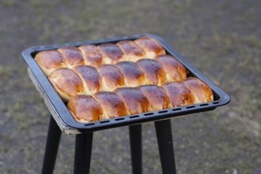 Ev yapımı mantı, Rus börek pasta üstten görünüm fotoğraf pirozhki düz yatıyordu, doldurulmuş.