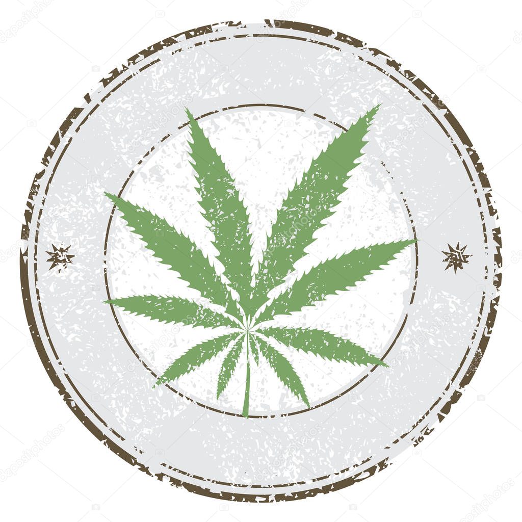 Cannabis or marijuana leaf grunge design in circle, template for vector rubber stamp. Vector illustration.