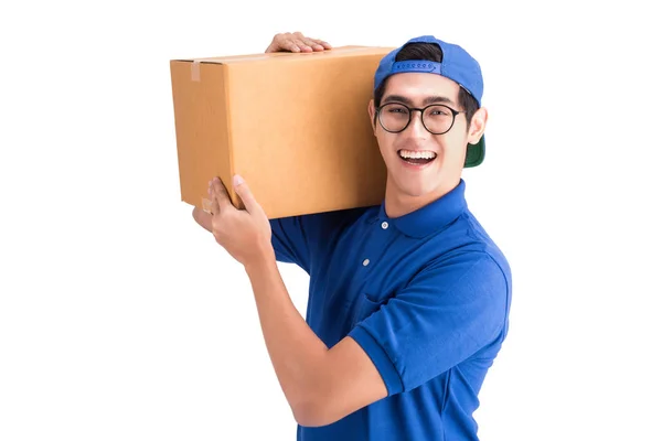 Cheerful delivery man holding a box — Stock Photo, Image