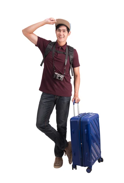 Mężczyzna młody podróżnik Azjatka z walizką — Zdjęcie stockowe