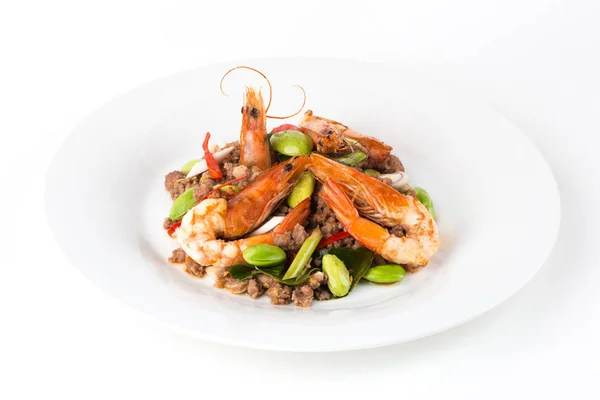 Stir-Fried Twisted Cluster Beans with Shrimps and Bitter Beans on white background.