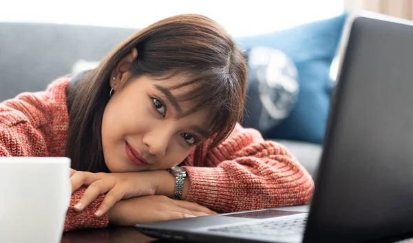 Young Asian Woman Works Home Tablet Computer Enjoys Morning Weekend Stock Image