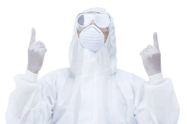 Hombre Médico Usando Ropa Protectora Contra Virus Orar Sobre Fondo — Foto de Stock