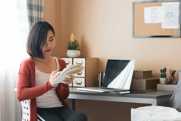 Happy Casual Beautiful Asian Woman Working Laptop Computer Sitting Desk Stock Image