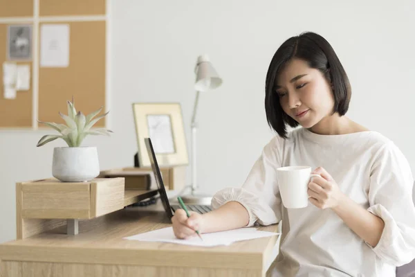 Happy Casual Beautiful Asian Woman Working Laptop Computer Sitting Desk Royalty Free Stock Images