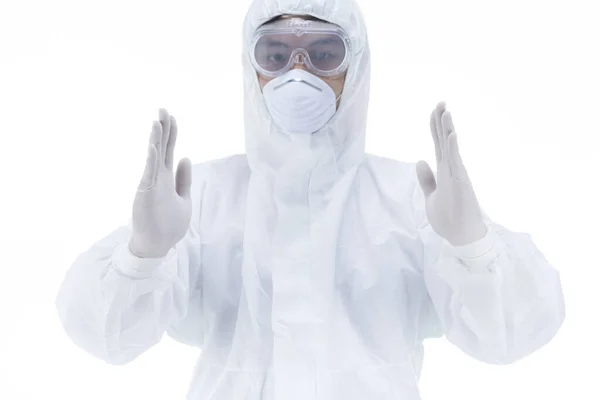 Ärztin Mit Schutzkleidung Präsentiert Leere Handfläche Mit Etwas Kopierraum Tiefenfokus Stockbild