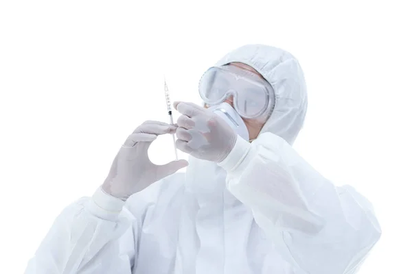 Doctor Protective Clothes Holding Virus Vaccine Pandemic Epidemic Vaccination Concept Royalty Free Stock Photos